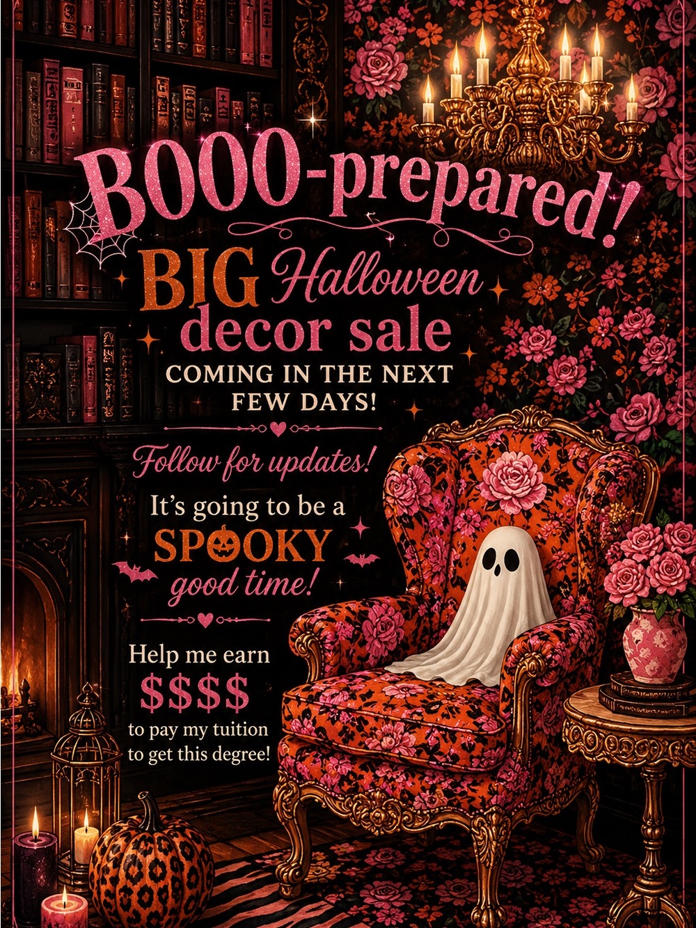 Halloween Decor Sale Poster - Pink & Orange Gothic Floral Design